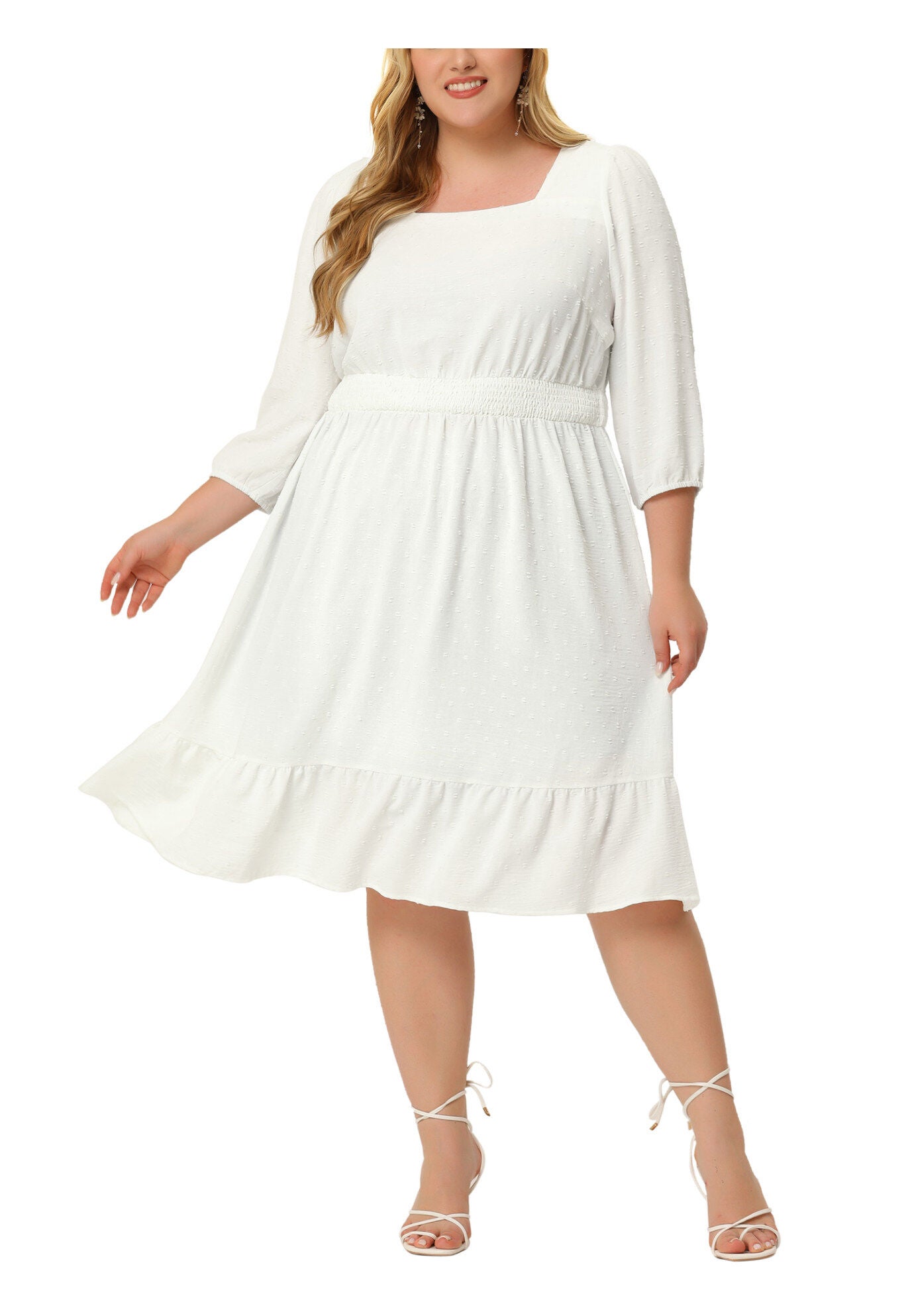 Swiss Dots Bohemian Square Neck Midi Chiffon Dress, White / White, alternate image number 1