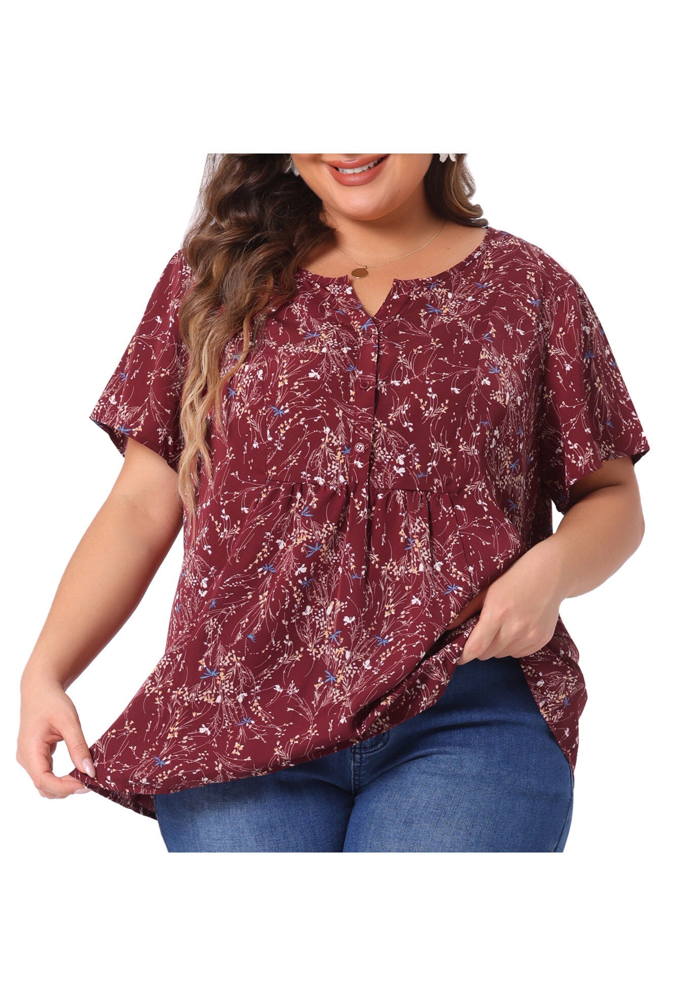 Summer Top Floral Half Placket Short Sleeve Casual Blouse, Burgundy / Burgundy, alternate image number 2
