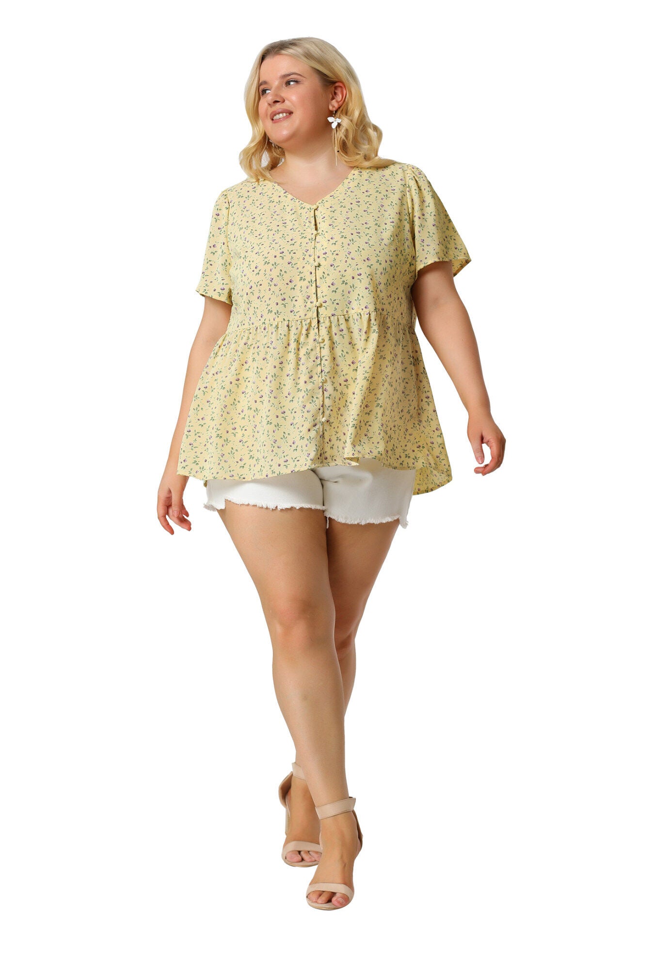 Chiffon Shirt V Neck Ruffle Short Sleeve Floral Peplum Top, Yellow / Yellow, hi-res image number 0