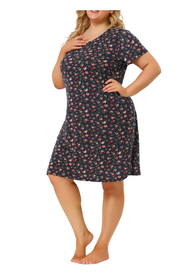 Short Sleeve Lightweight Pajama Dress, Navy Blue / Navy, alternate image number 1