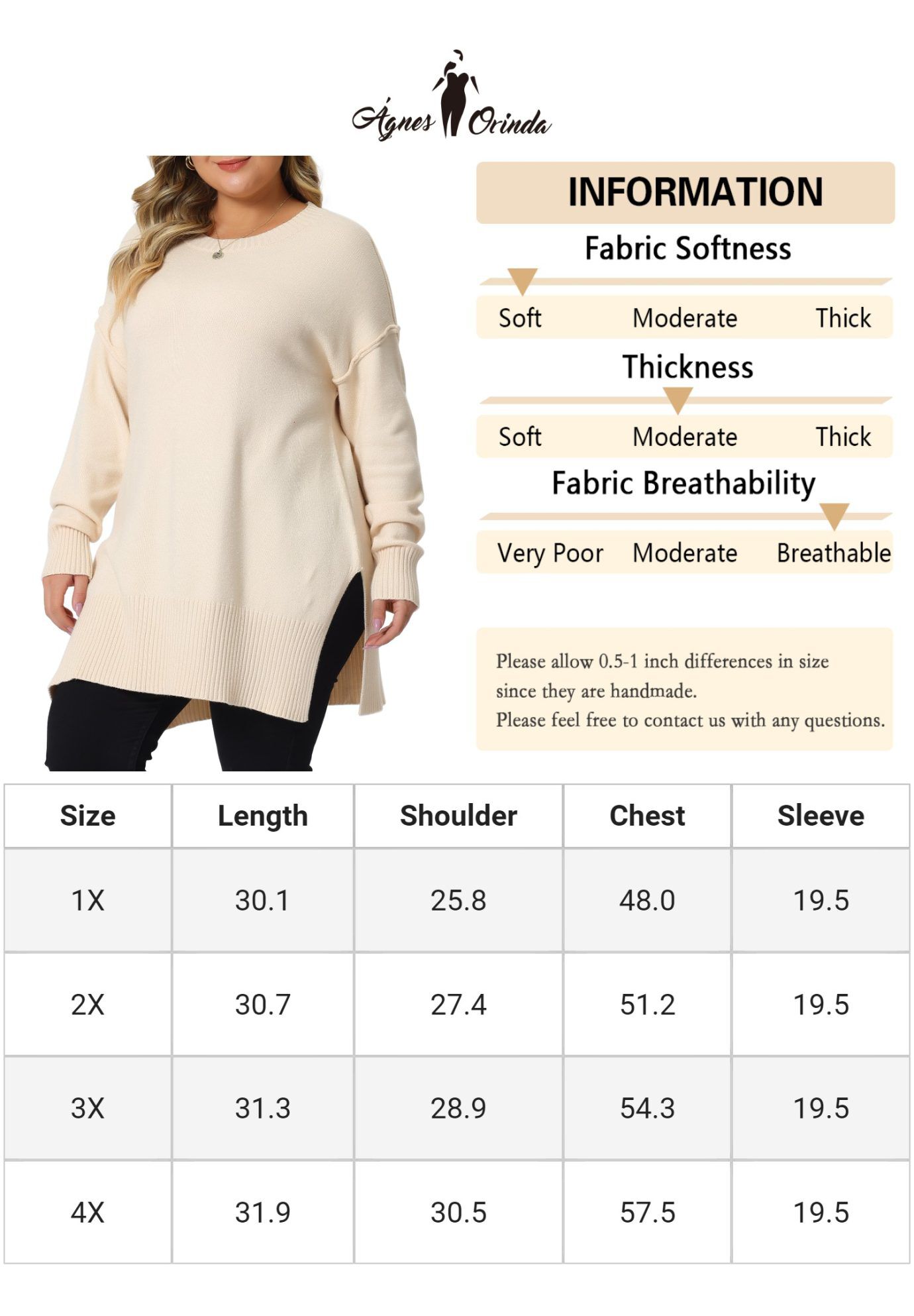 OVERSIZED CREW NECK LONG SLEEVE SLIT HEM KNIT PULLOVER SWEATER, Apricot / Cream, alternate image number 4