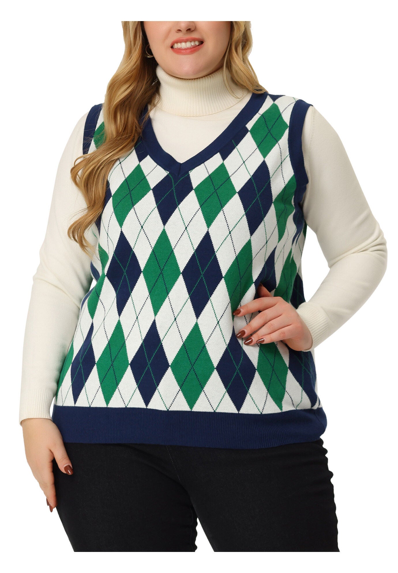 Plaid Cable Knit Sleeveless Pullover Top Sweater Vest, Green / Kelly Green, alternate image number 2