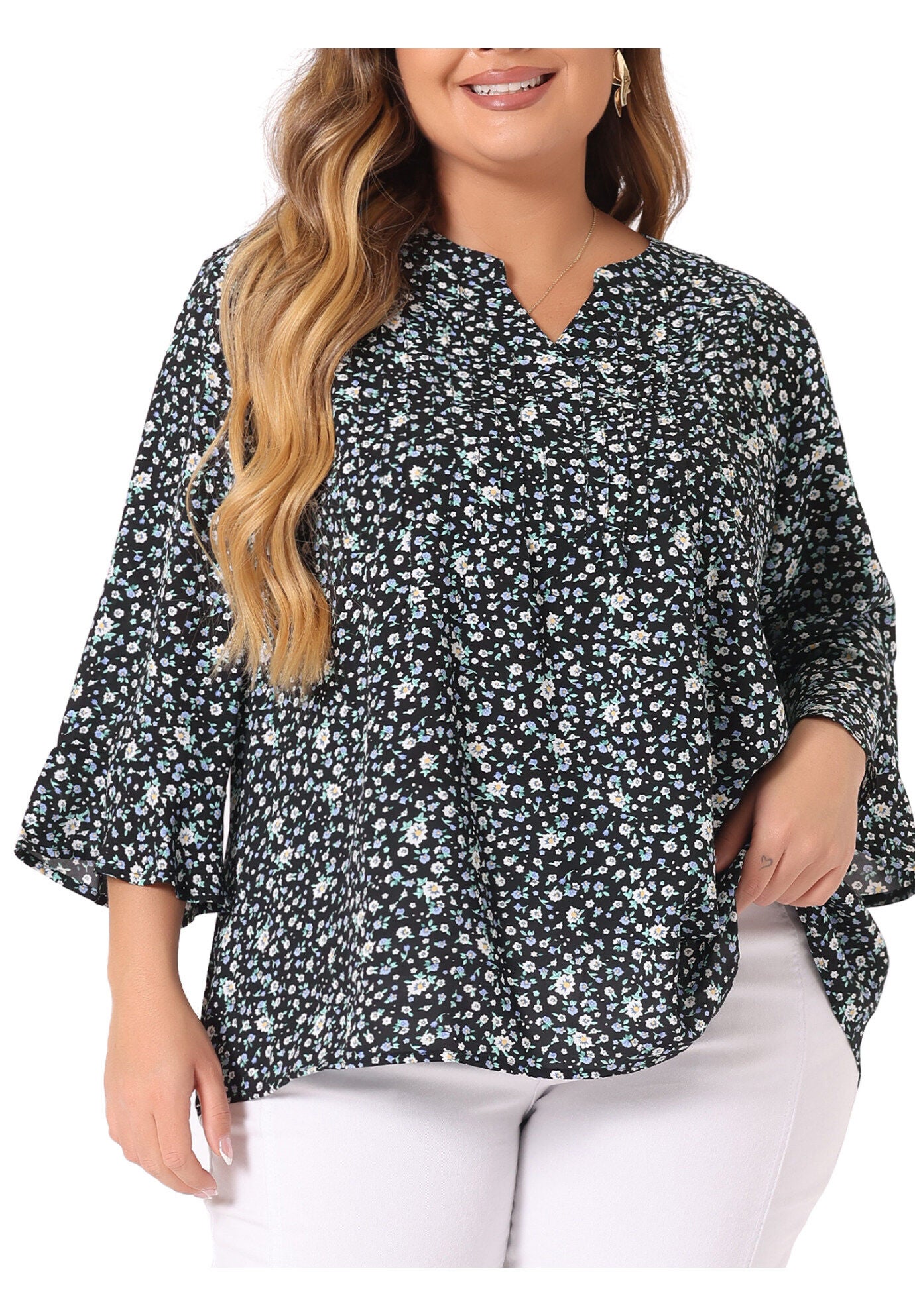 Pleated Long Sleeves V Neck Floral Blouse Top, Black / Black, alternate image number 2