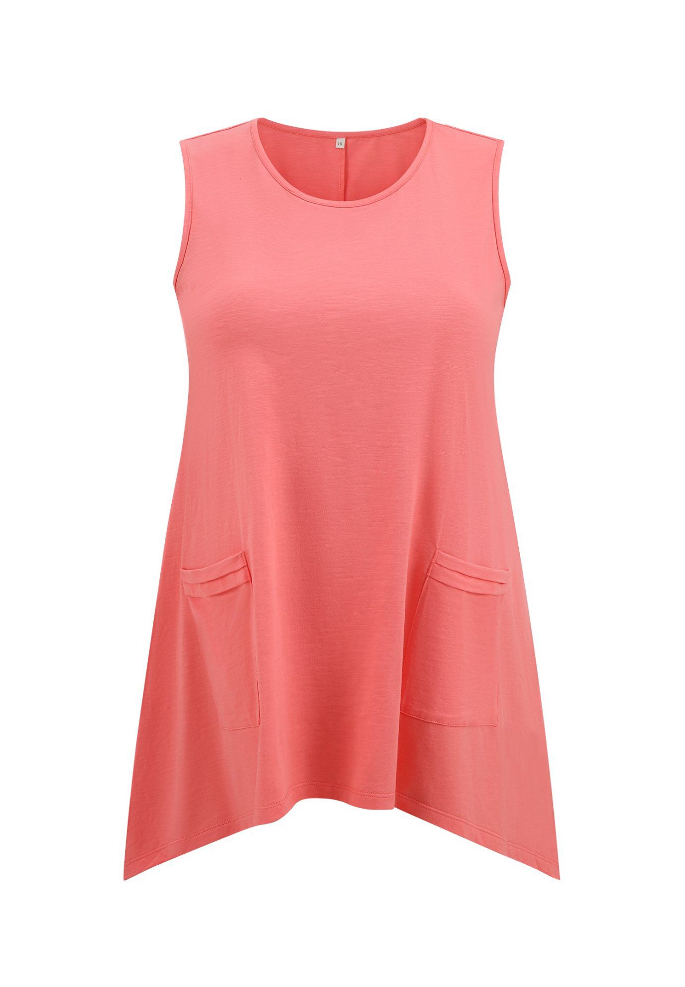 Sleeveless Hanky Asymmetrical Hem Loose Fit Flowy Tank Top with Pockets, Coral Pink / Coral, alternate image number 3