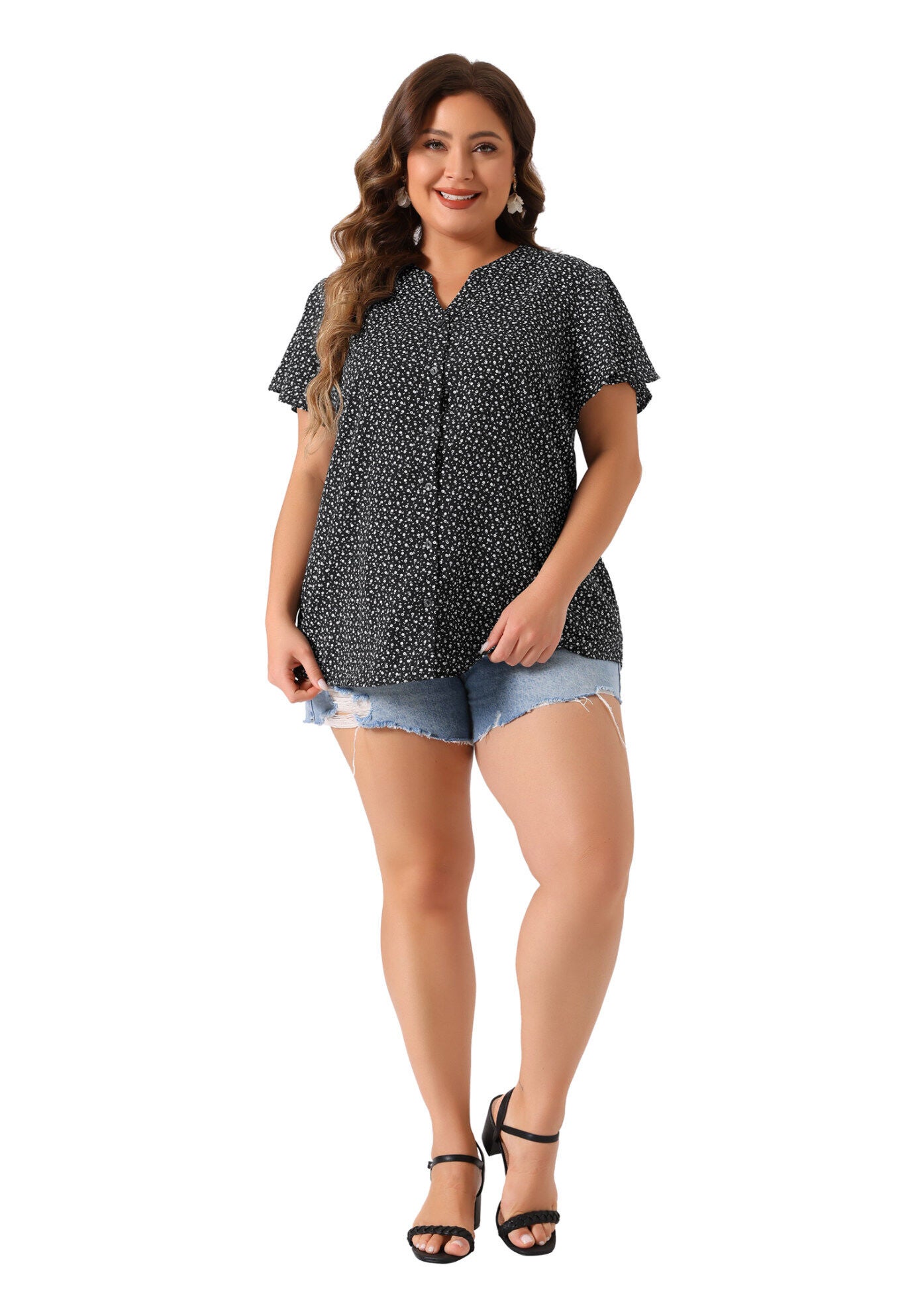 Flare Short Sleeve Button Down Floral Top Chiffon Shirt, Black White / Black, hi-res image number 0
