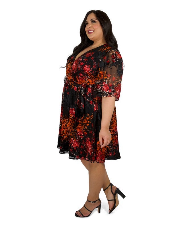 Floral Burnout Faux Wrap Dress, RedBlack / Red, hi-res image number 0