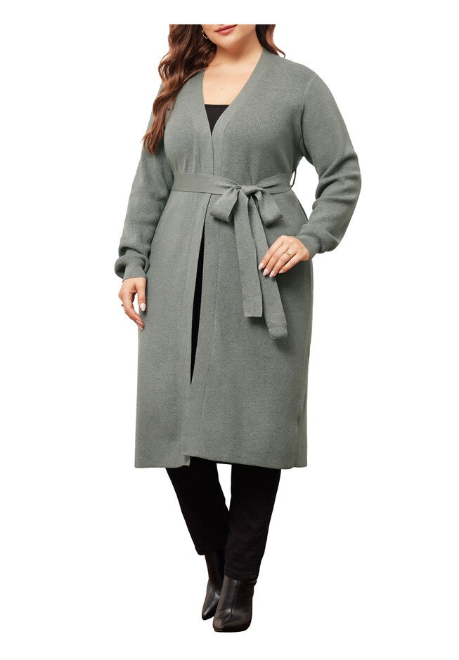 KNIT SWEATER BELTED OVERWEAR LONG CARDIGAN, Grey / Light Grey, alternate image number 1