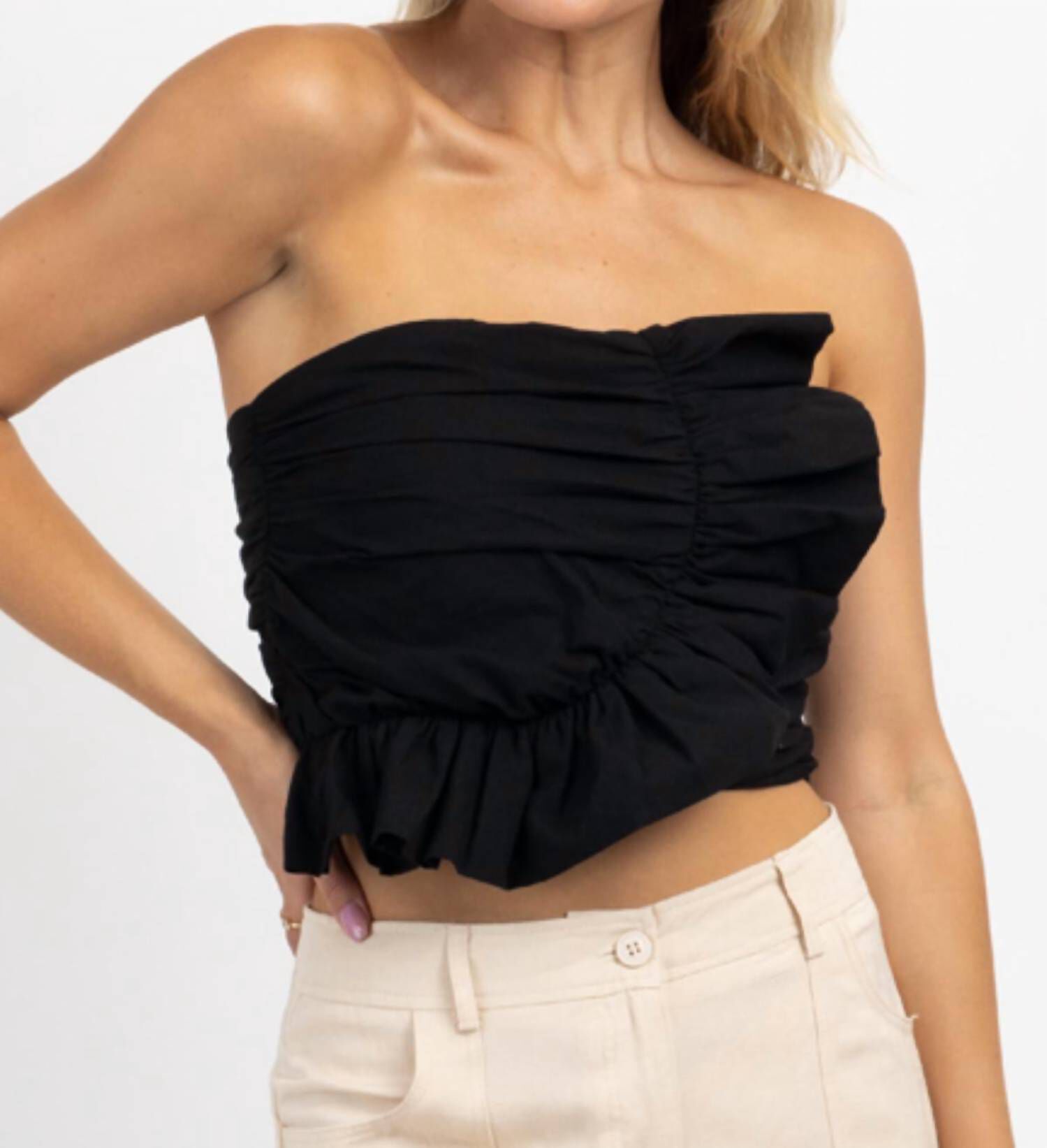 FLIRTY RUFFLED TUBE TOP IN ONYX, , alternate image number 4
