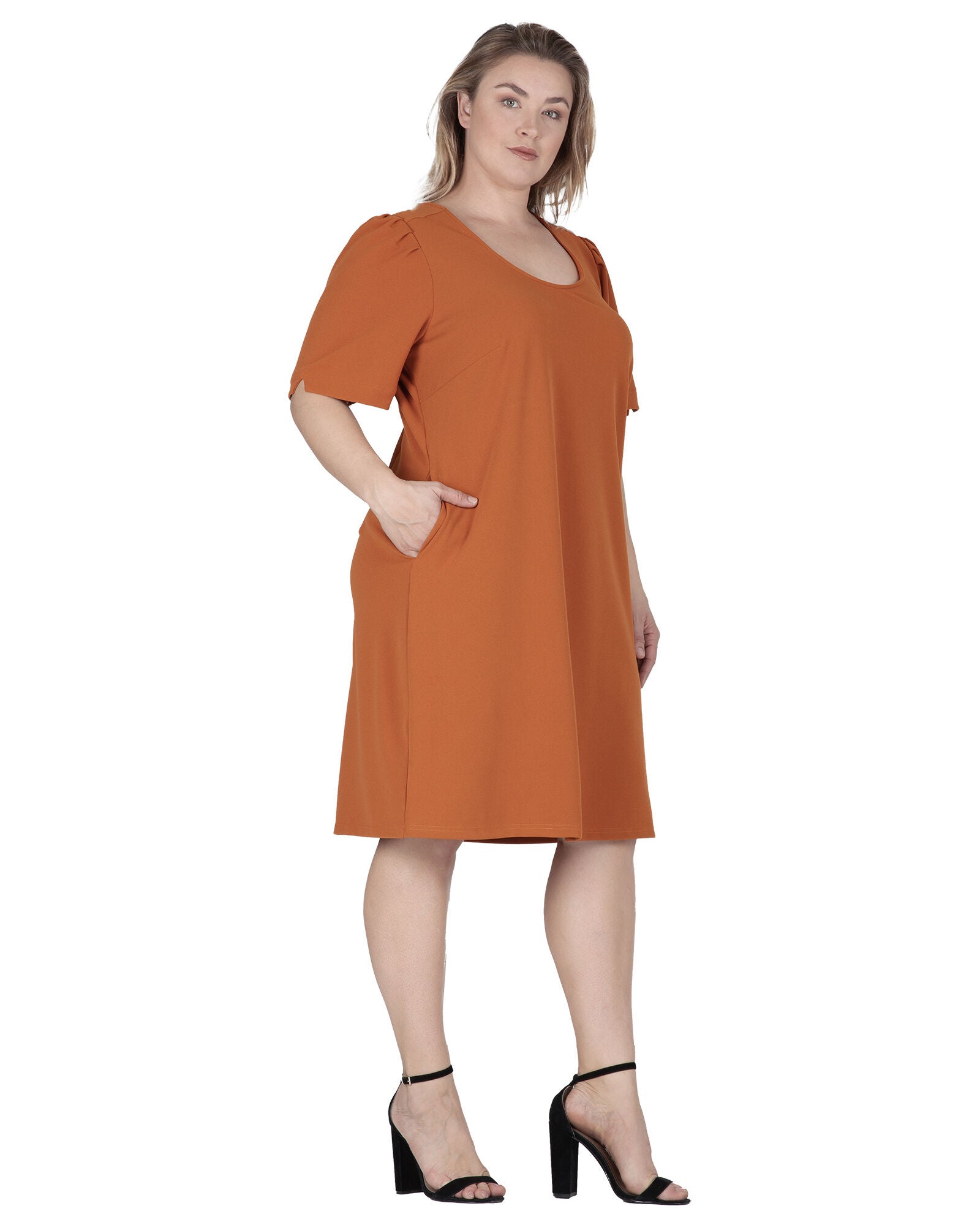 Alice Women&#39;s Plus Size Puffed Sleeves Scoop Neck Midi Dress, Timber / Burnt Orange, alternate image number 3