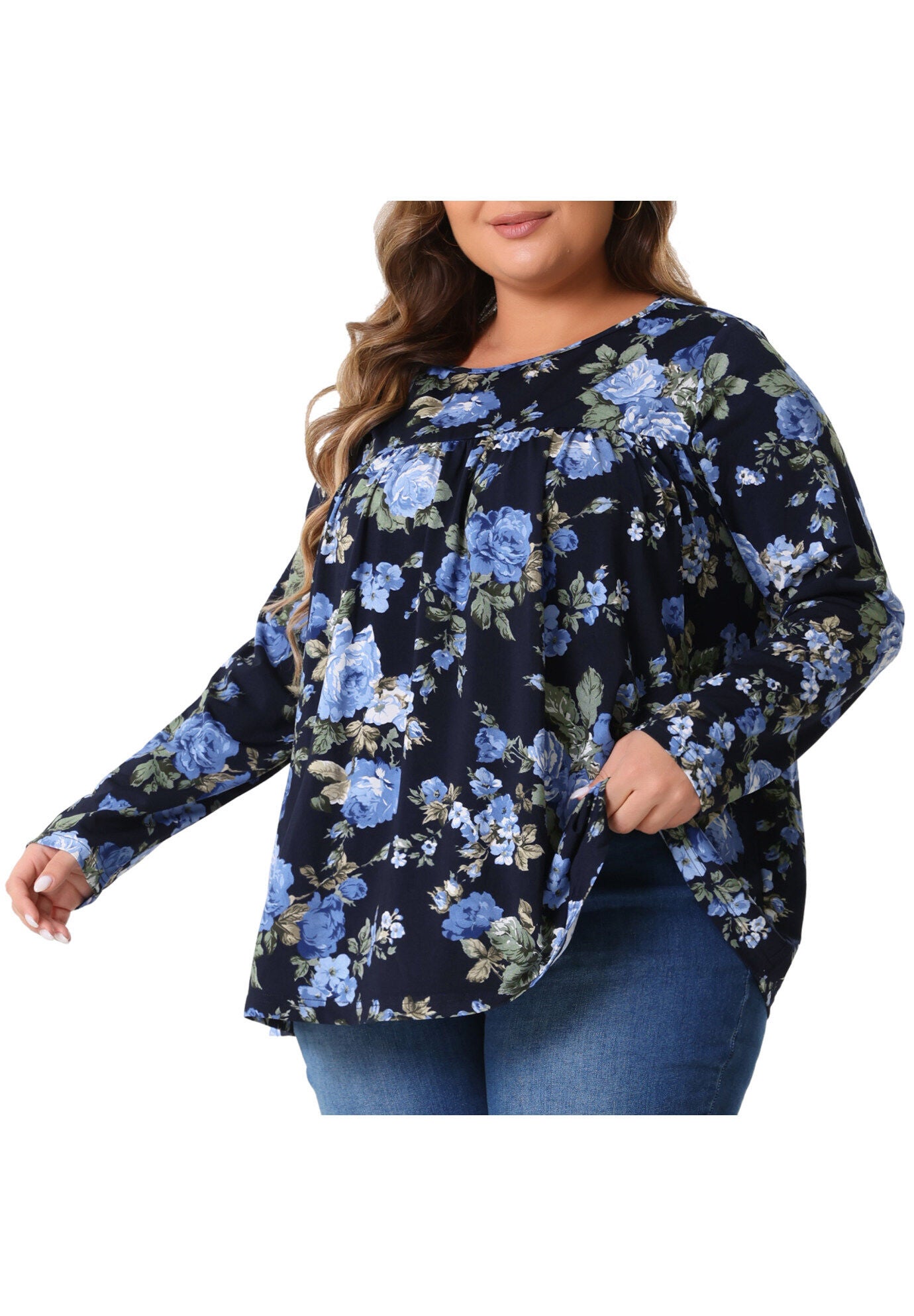 Long Sleeve Tunic Pleated Crew Neck Blouse, Dark Blue / Navy, alternate image number 1