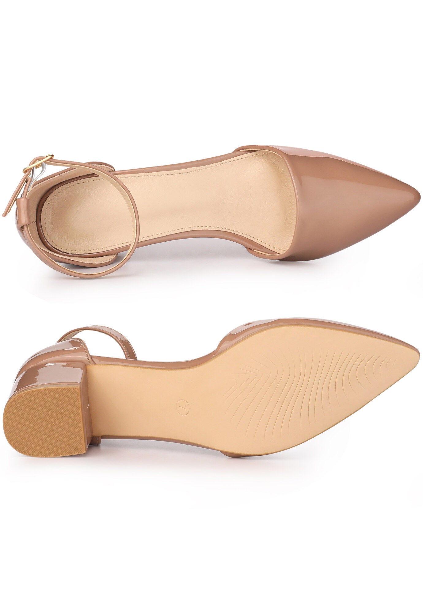 Pointed Closed Toe Heels Low Chunky Heel Pumps, Nude / Beige, alternate image number 3