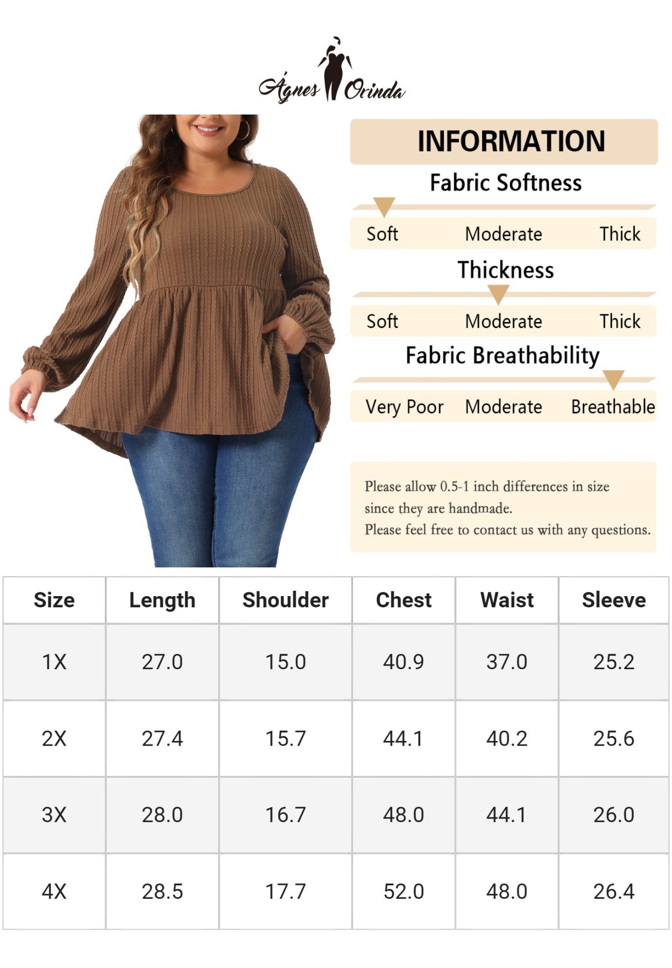 Scoop Neck Long Sleeve Ruffle Hem Peplum Knit Blouse, Brown / Brown, alternate image number 1