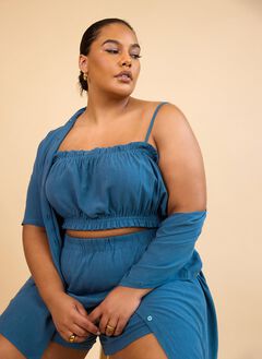 CLIO LINEN PEASANT CROP TOP - CADET BLUE