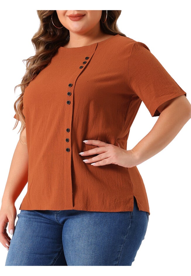 Short Sleeve Round Neck Cotton Linen T-Shirt Top, Brown / Brown, alternate image number 1