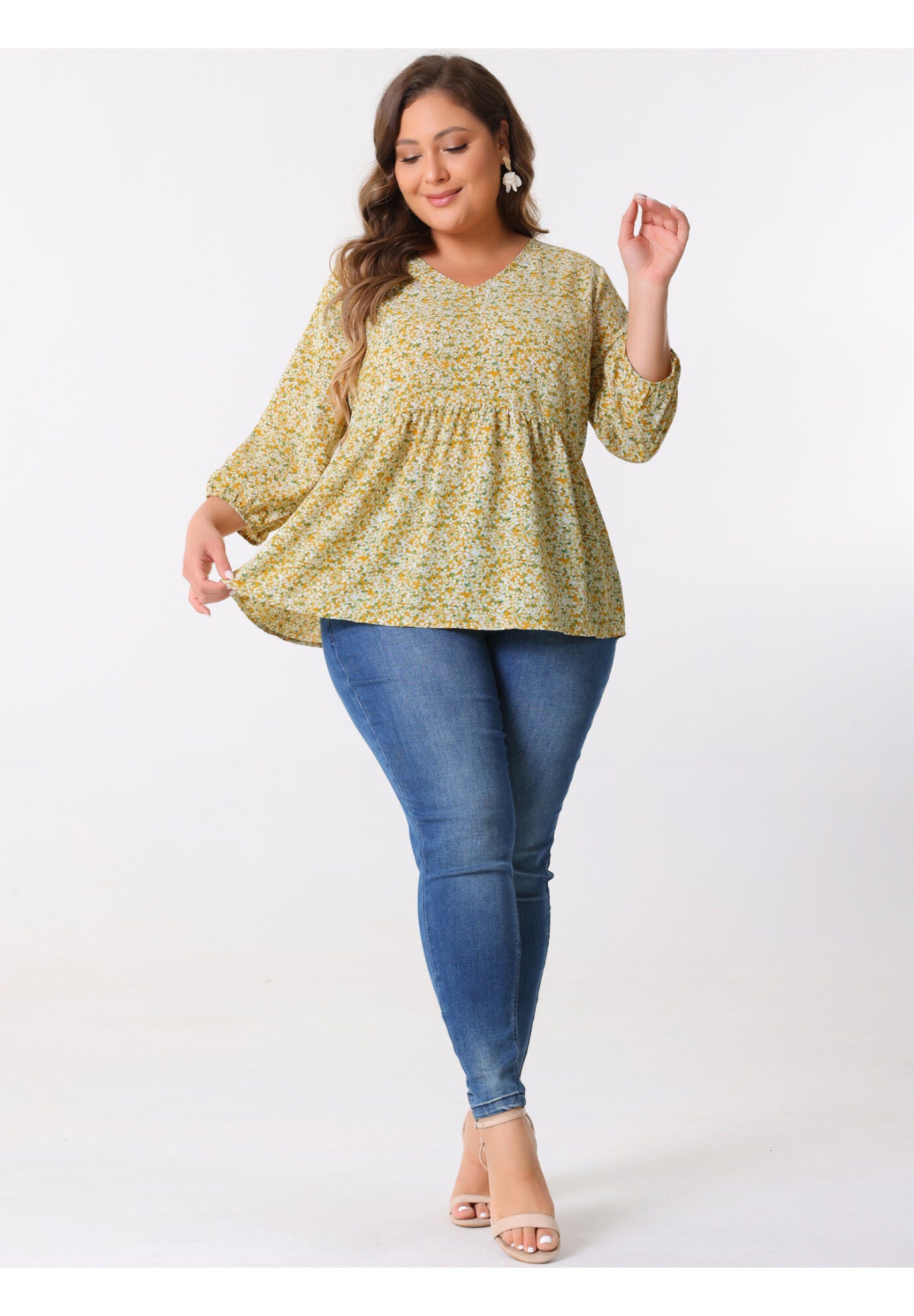 V Neck Babydoll Flowy 3/4 Lantern Sleeve Floral Blouse, Yellow / Yellow, hi-res image number 0