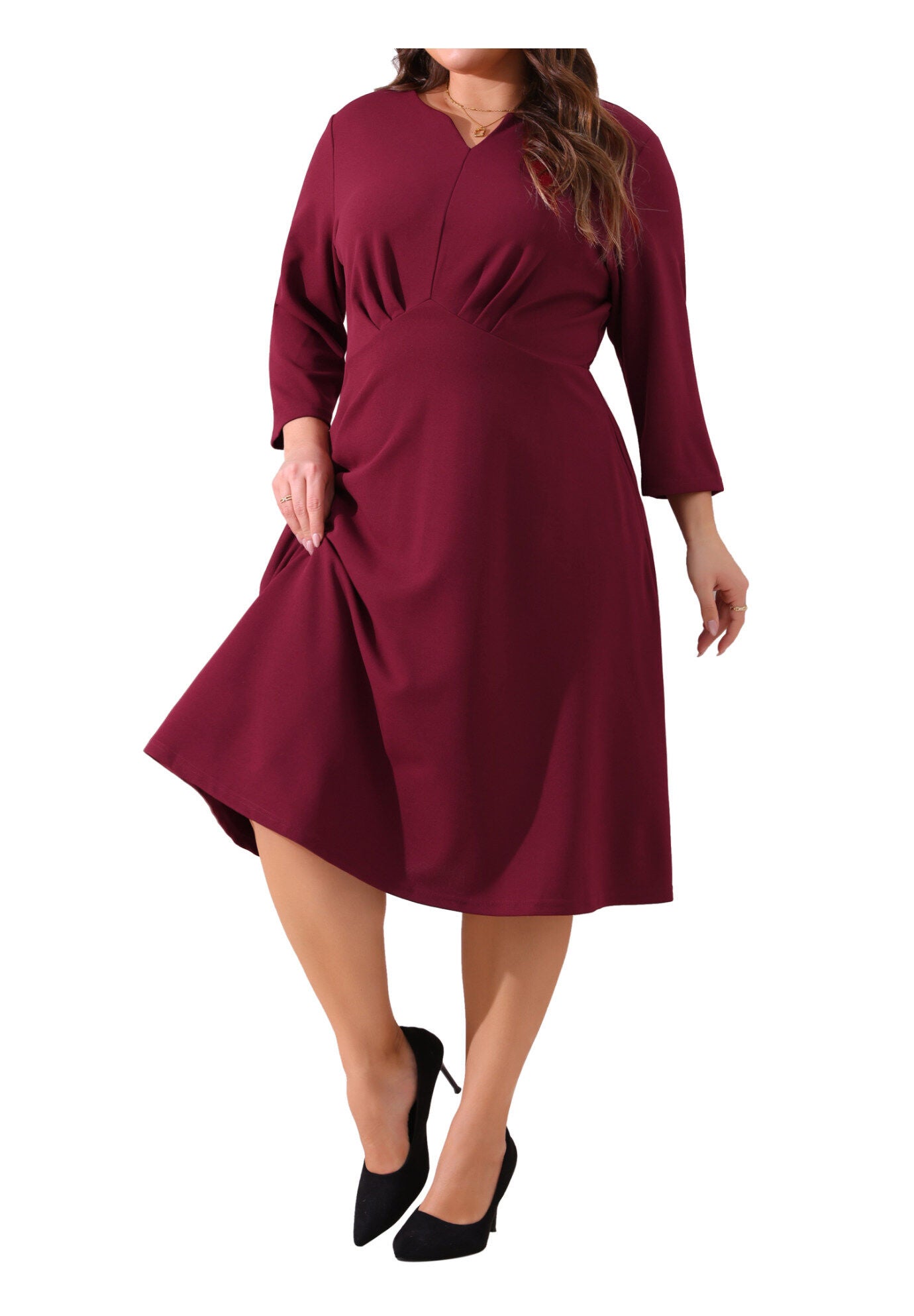 Notched V Neck 3/4 Sleeve A-Line Midi Dress, Burgundy / Burgundy, alternate image number 2