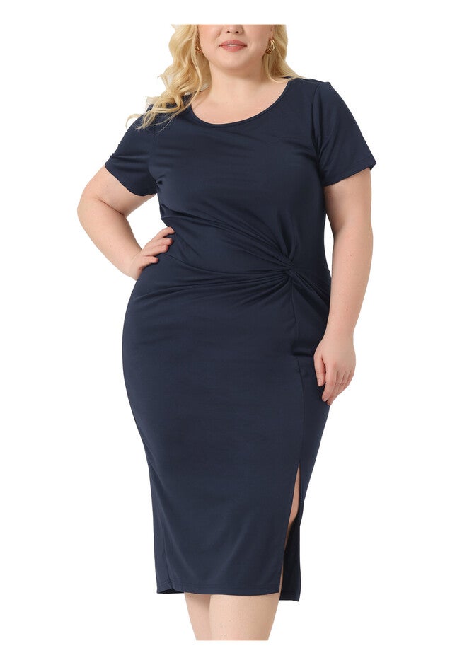 Round Neck Knot Front Short Sleeve Side Split Dress, Navy Blue / Navy, alternate image number null