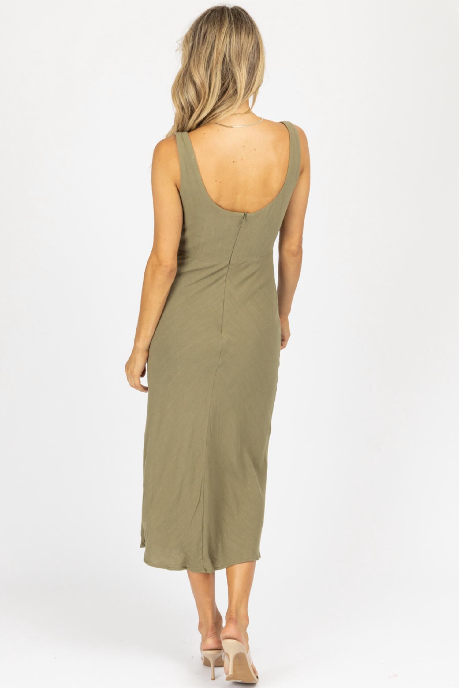 COTTON OPEN FRONT TWIST MIDI DRESS IN OLIVE, , alternate image number 7