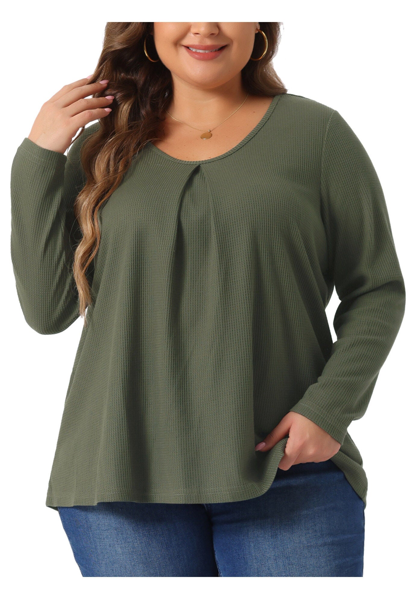 Crew Neck Pleat Front Long Sleeve Waffle Knit Blouse Shirt, Army Green / Olive Green, alternate image number 2