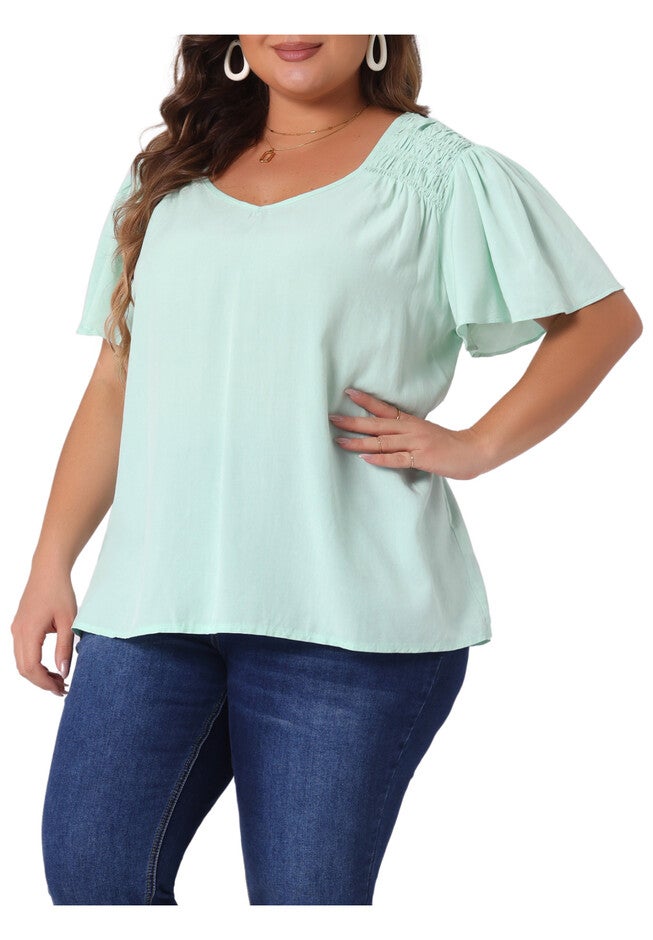 V Neck Ruffle Sleeve Smocked Shoulder Chiffon Blouse, Light Green / Mint, alternate image number 1