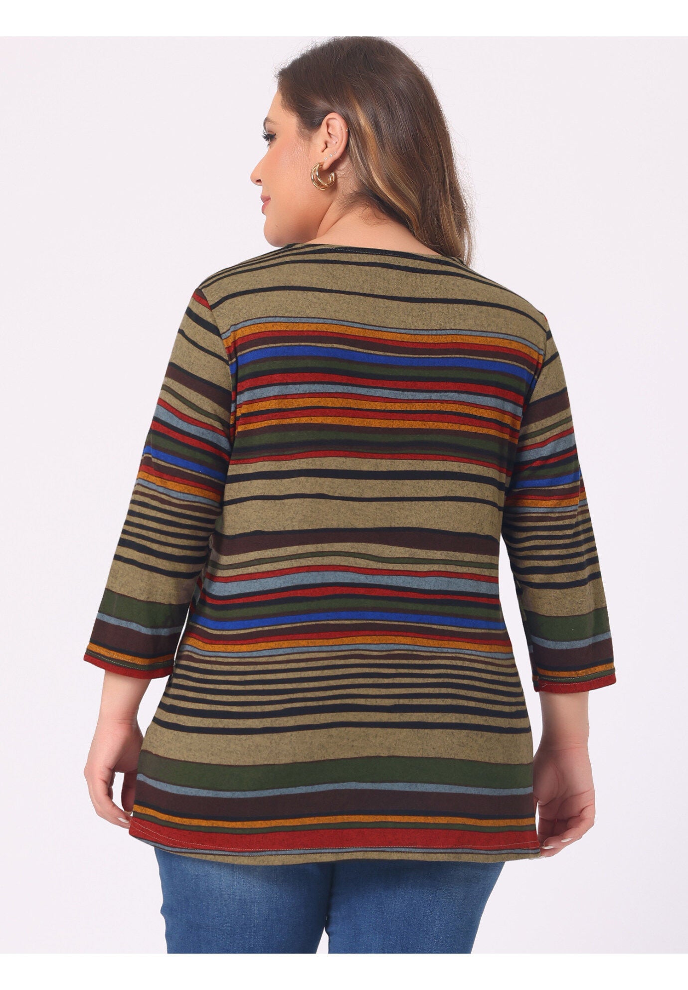 Stripe 3/4 Sleeve Tunic V Neck Knit Blouse, Orange Brown / Brown, alternate image number 4