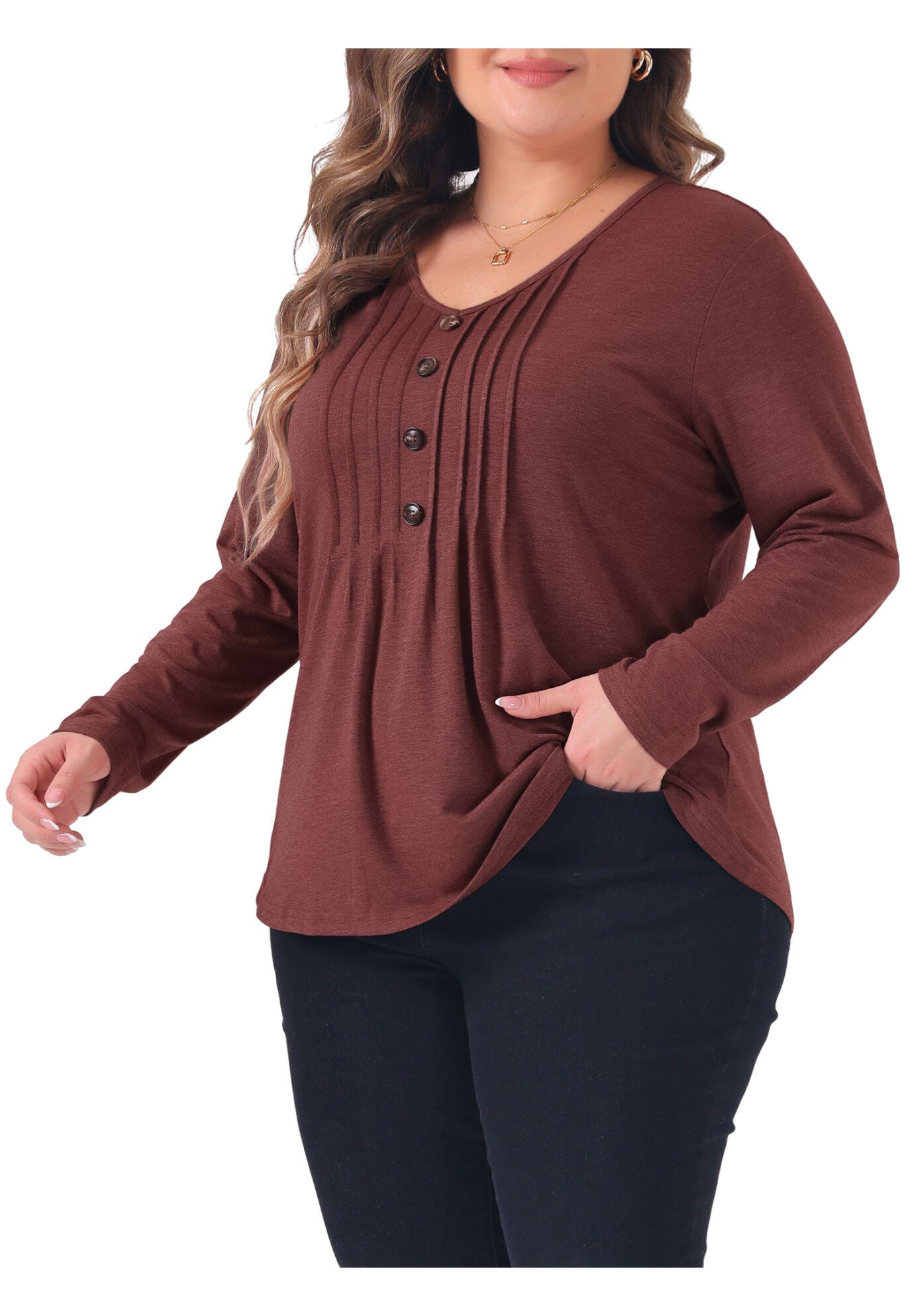 Long Sleeve Pleated Front V Neck Button Blouse, Burgundy / Burgundy, alternate image number 1
