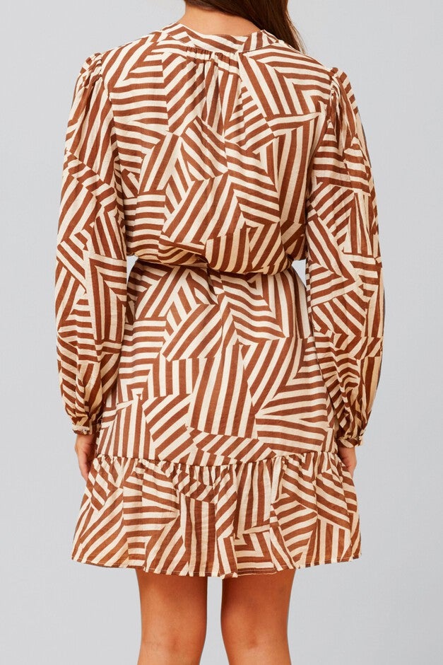 Sylvana Dress Long Puffy Sleeve Geo Print, Beige / Beige, alternate image number null