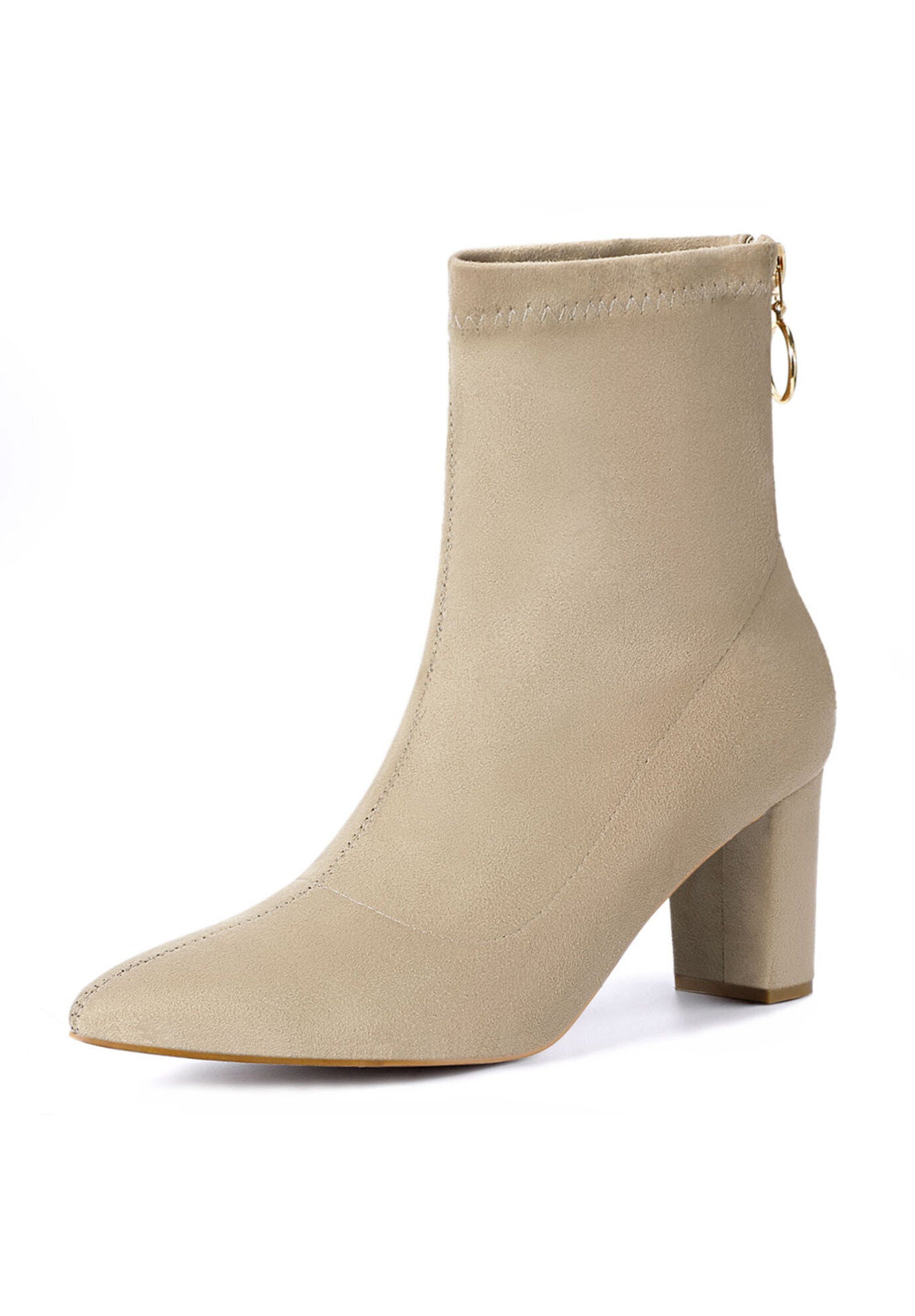 Pointed Toe Zipper Chunky Heels Ankle Boots, Beige / Beige, hi-res image number 0