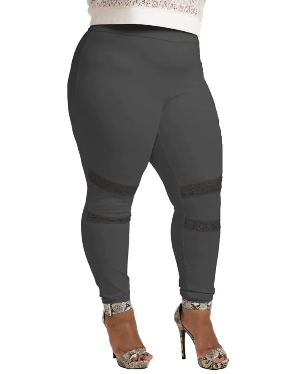 Janet Black Pull On Ponte Leggings with Lace Insert, Charcoal / Charcoal Grey, hi-res image number 0