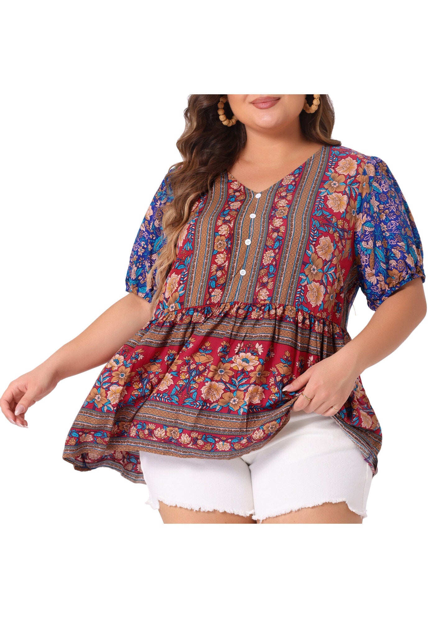 Boho Floral Print V Neck Peplum Loose Blouse, Blue / Cornflower Blue, alternate image number 2