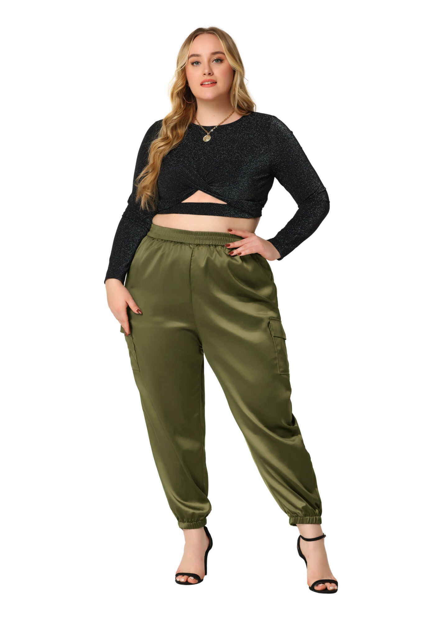 SATIN JOGGERS ELASTIC WAIST ATHLEISURE ANKLE LENGTH CARGO PANTS, Army Green / Sage Green, hi-res image number 0