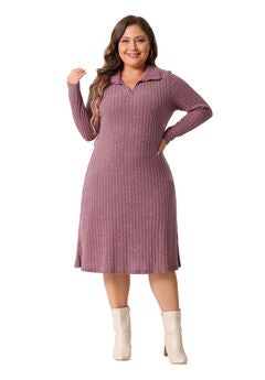 Ribbed Sweater Half Zip Front Tie Waist Knit Midi Dress with Belt