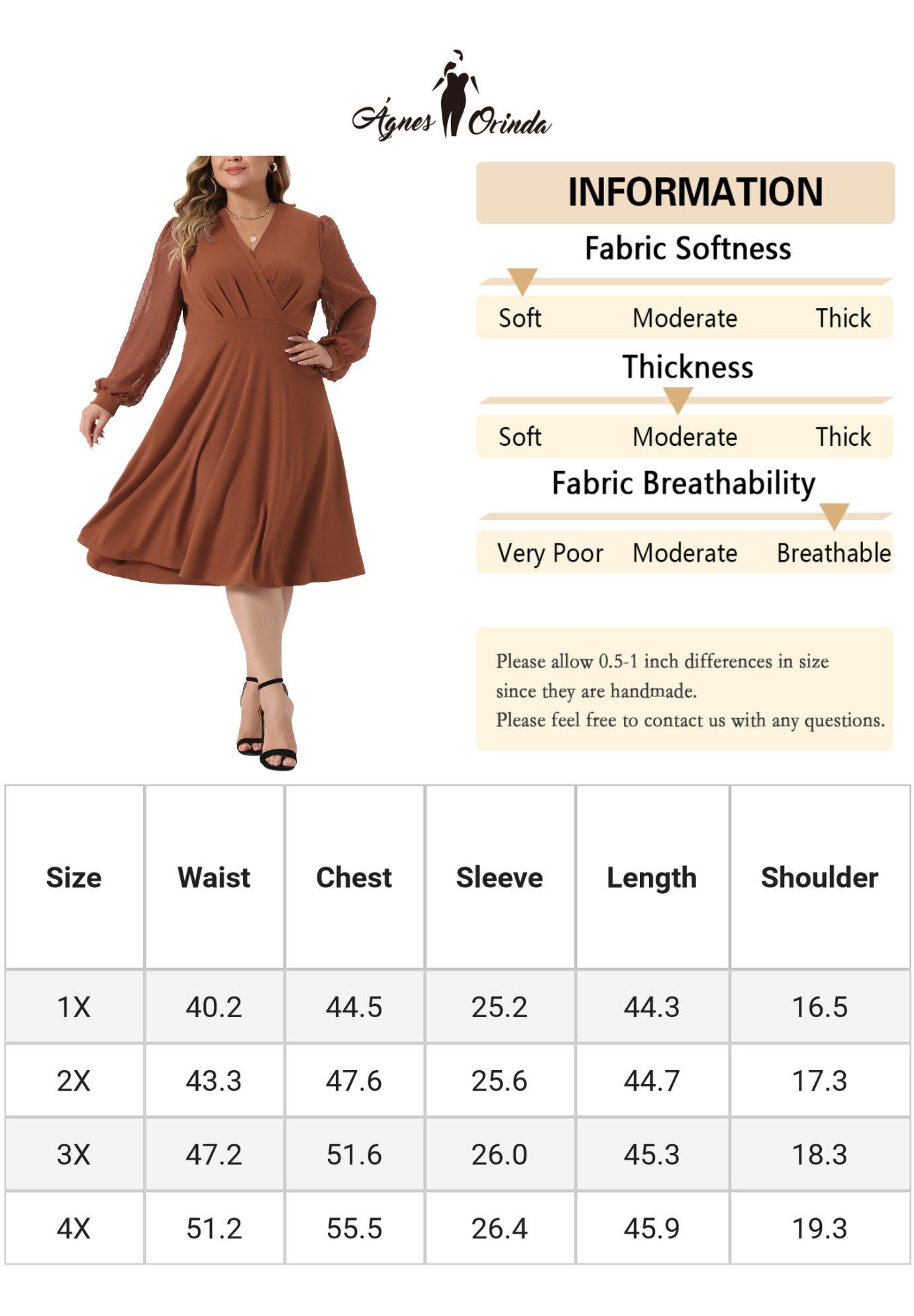 Long Sleeve Swiss Dots Formal Knee Length Dress, Caramel / Brown, alternate image number 4