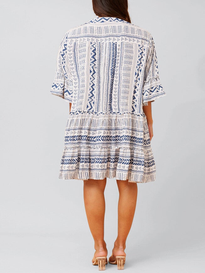Louise Dress Geo Aztec Print V-Neck, Navy / Navy, alternate image number 3