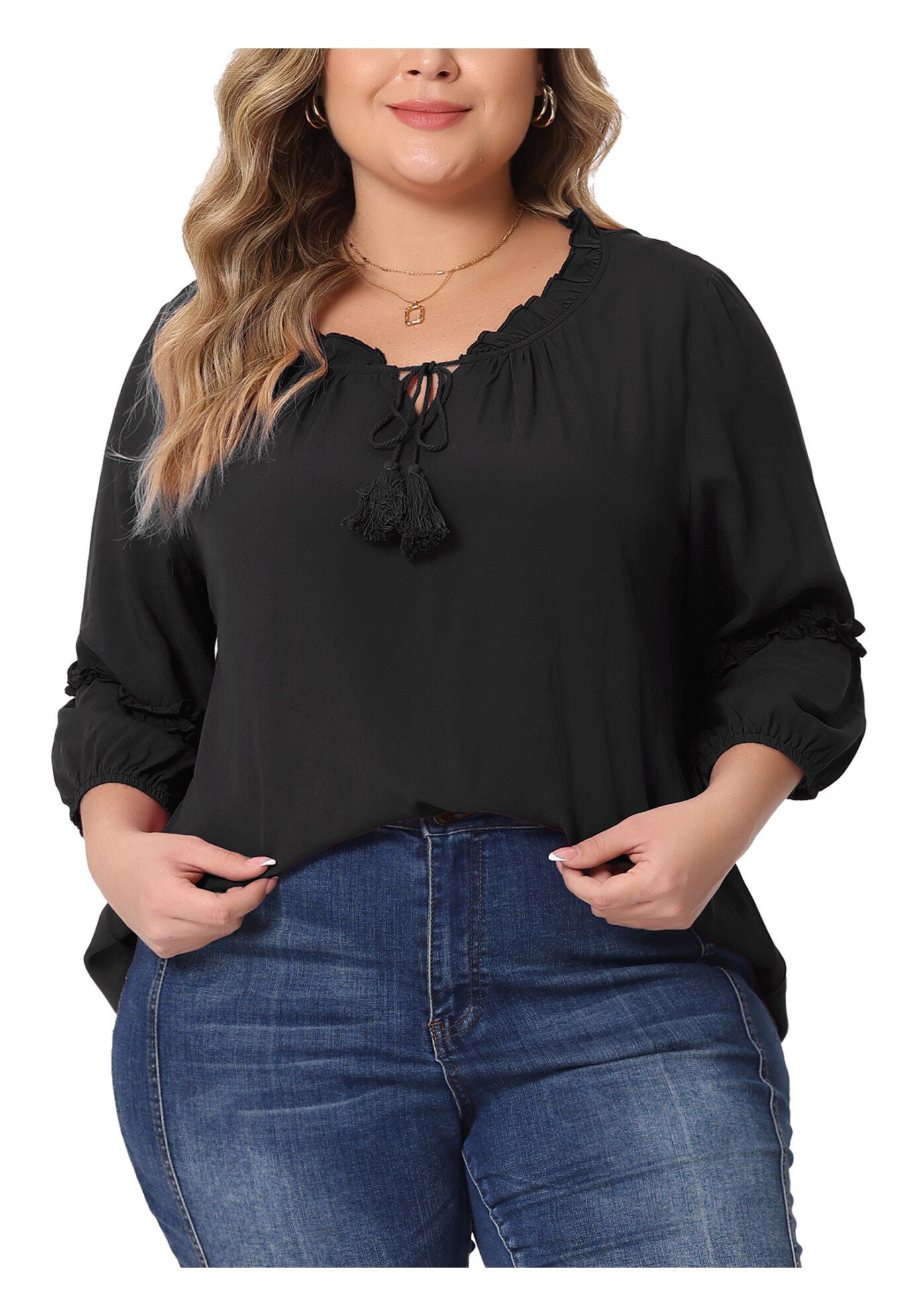 TIE NECK TASSEL SELF FLUTTER 3/4 SLEEVE BLOUSE TOP, Black / Black, alternate image number 1