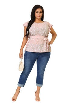 Summer Top Floral Tie Waist Short Sleeves Casual Blouse