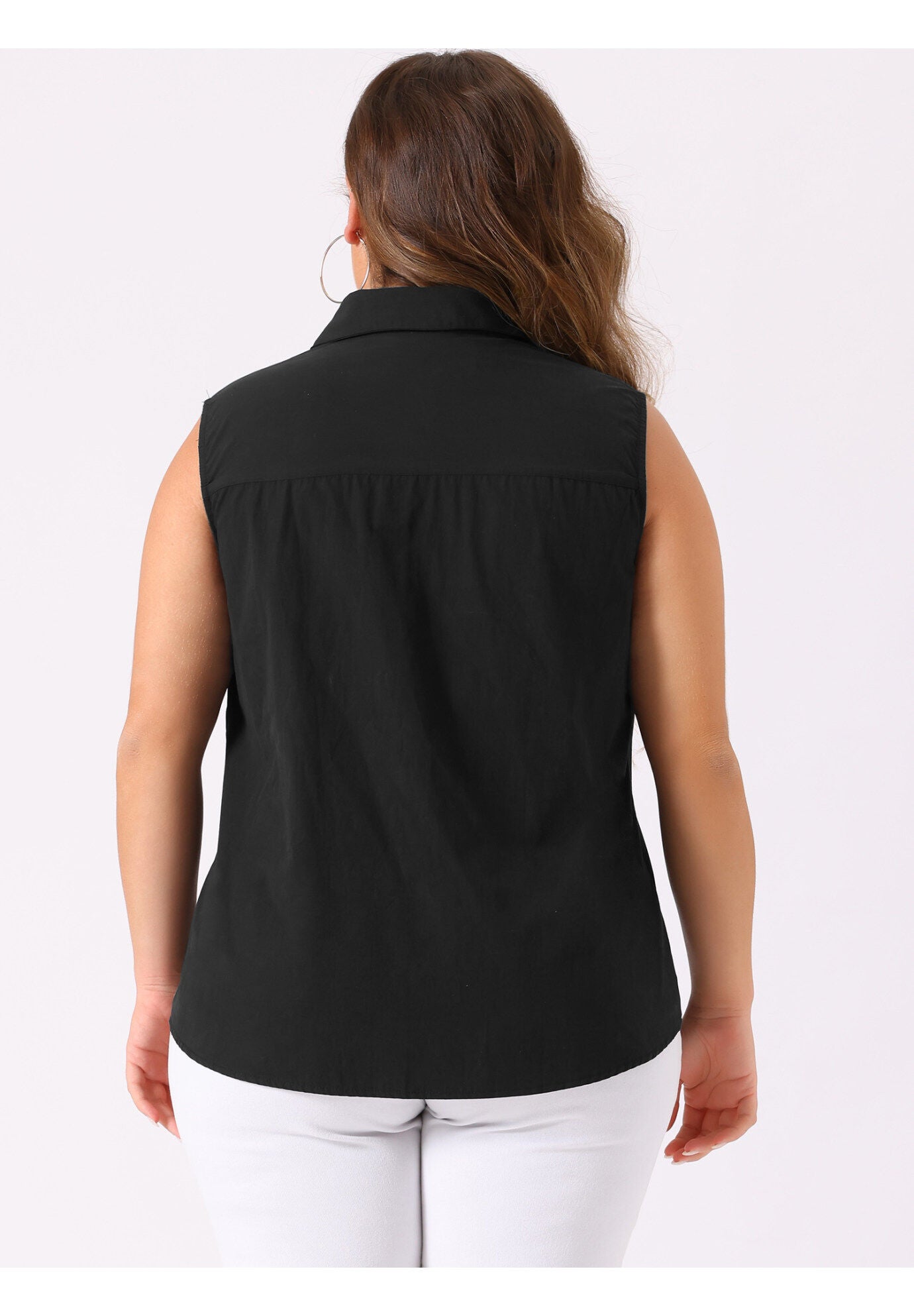 SLEEVELESS TOP SUMMER CASUAL BUTTON DOWN TANK SHIRT, Dark Black / Black, alternate image number 3