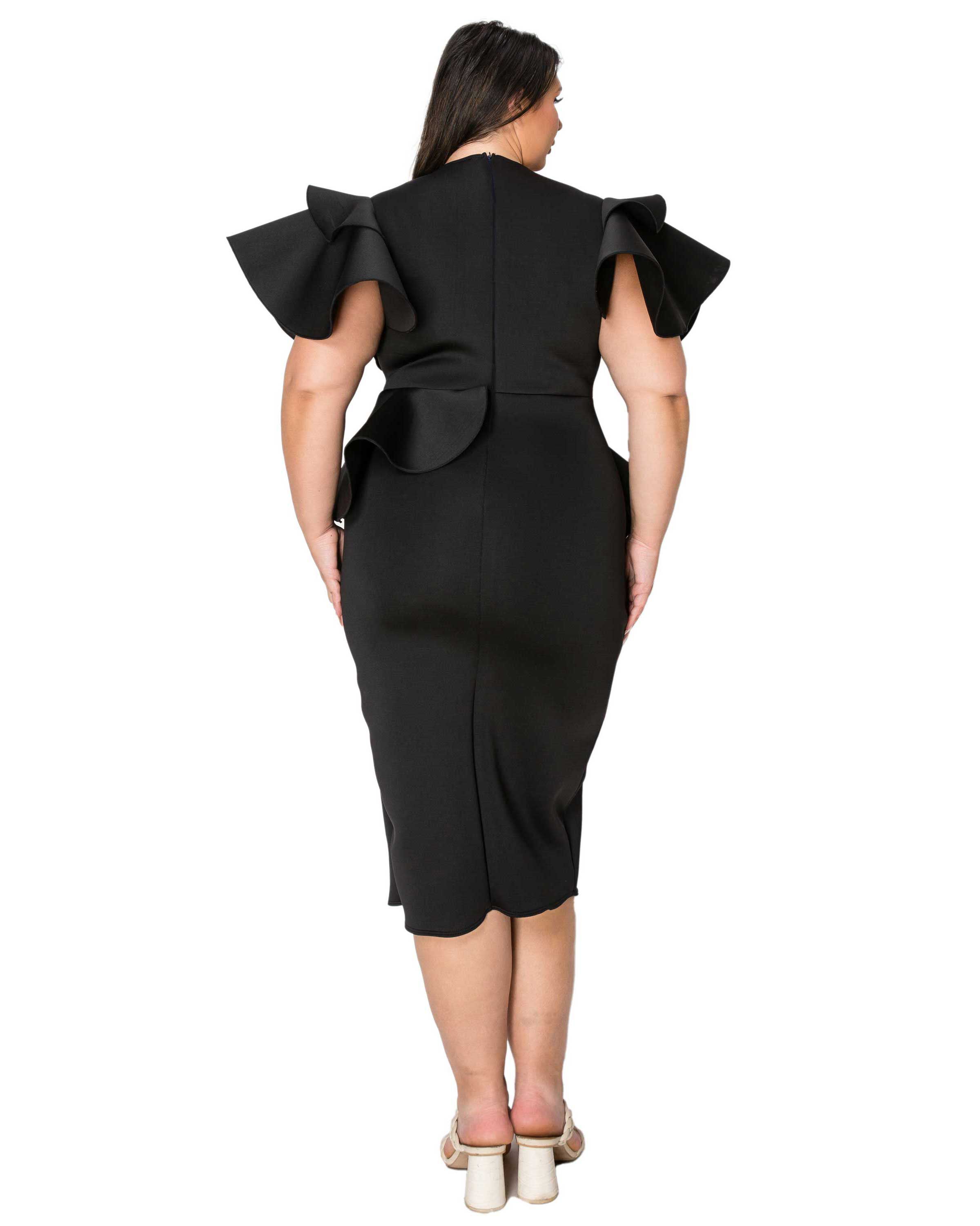 KIRA NEOPRENE PEPLUM DRESS, Black / Black, alternate image number 2