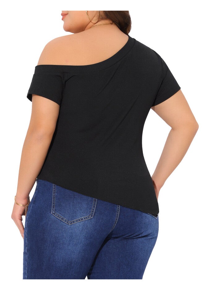 One Shoulder Short Sleeve Asymmetrical Hem Tee Top, Black / Black, alternate image number 3