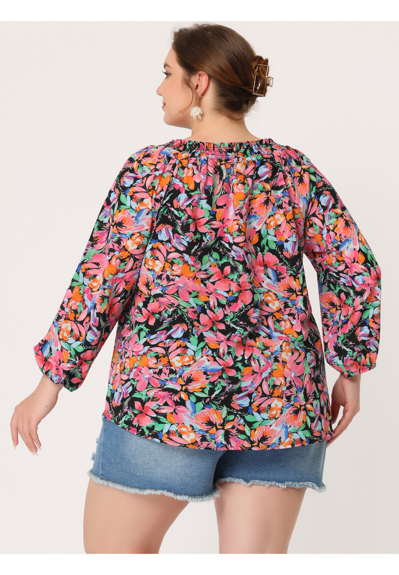 Floral Loose Top Tie 3/4 Sleeve Beach Tunic Blouse, Black / Black, alternate image number 3