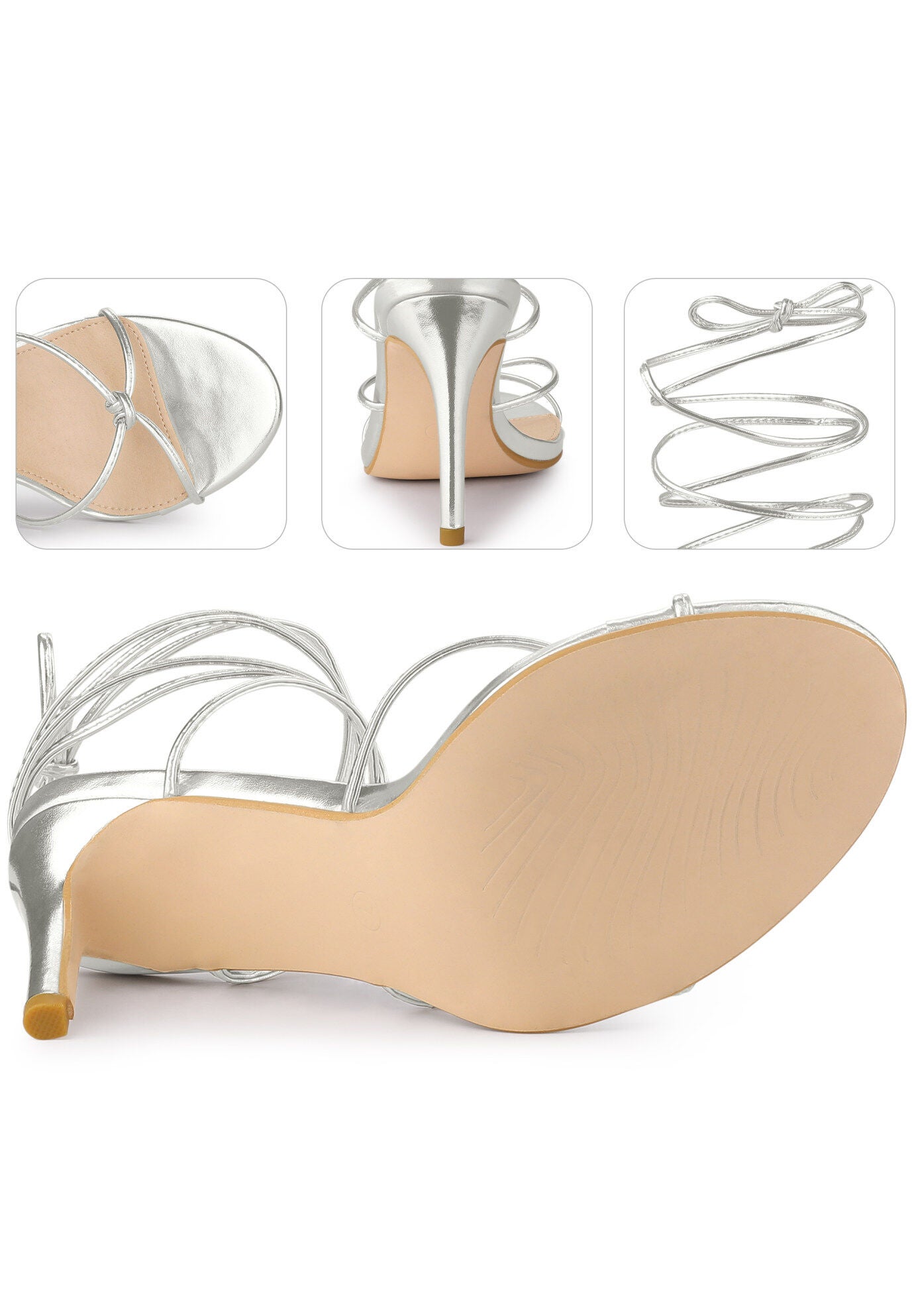 Lace Up Slingback Strappy Stiletto Heels Sandals, Silver / Silver, alternate image number 1