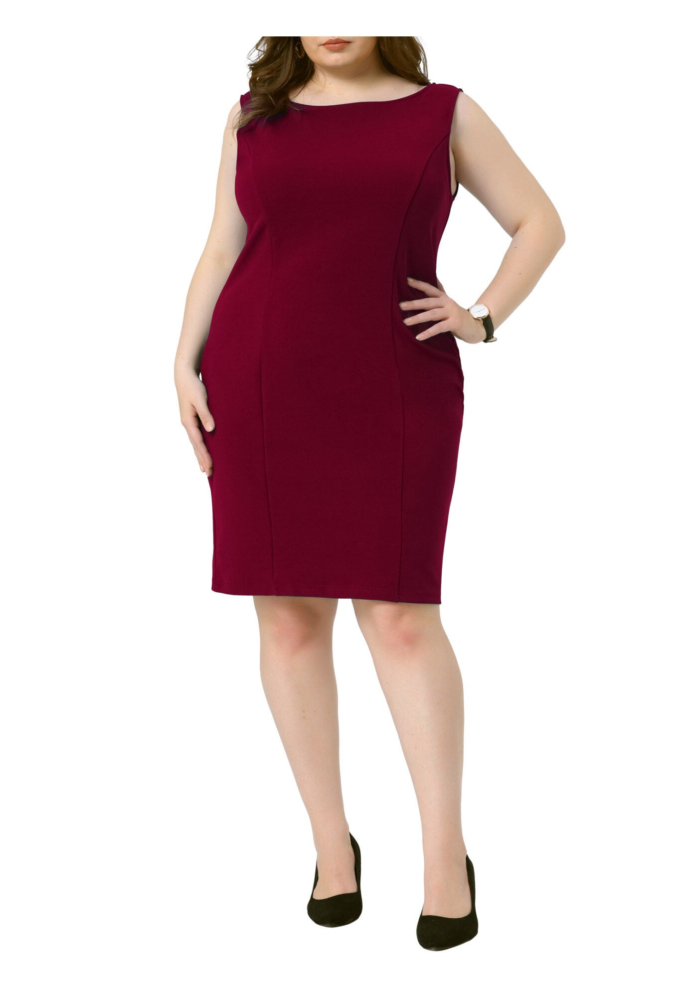 SLEEVELESS BOAT NECK STRAIGHT PENCIL SHEATH DRESS, Burgundy / Burgundy, alternate image number 1