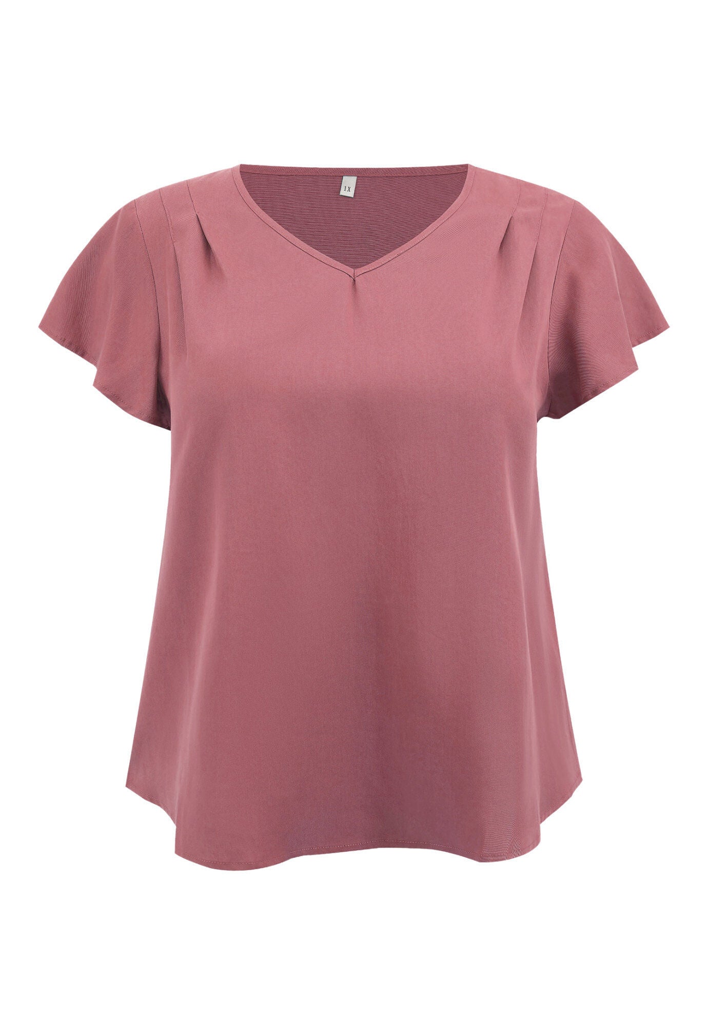 V Neck Shoulder Pleated Ruffle Short Sleeve Blouse, Dark Pink / Pink, alternate image number 3