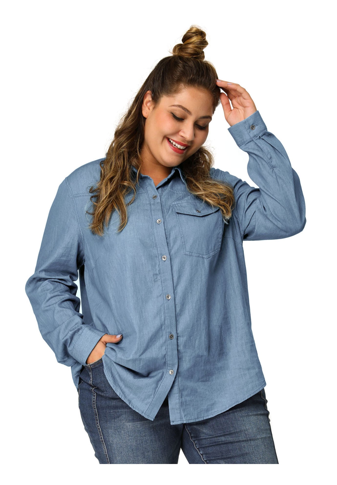 LONG SLEEVE CHEST POCKET DENIM CHAMBRAY SHIRT, Light Blue / Light Blue, alternate image number 2