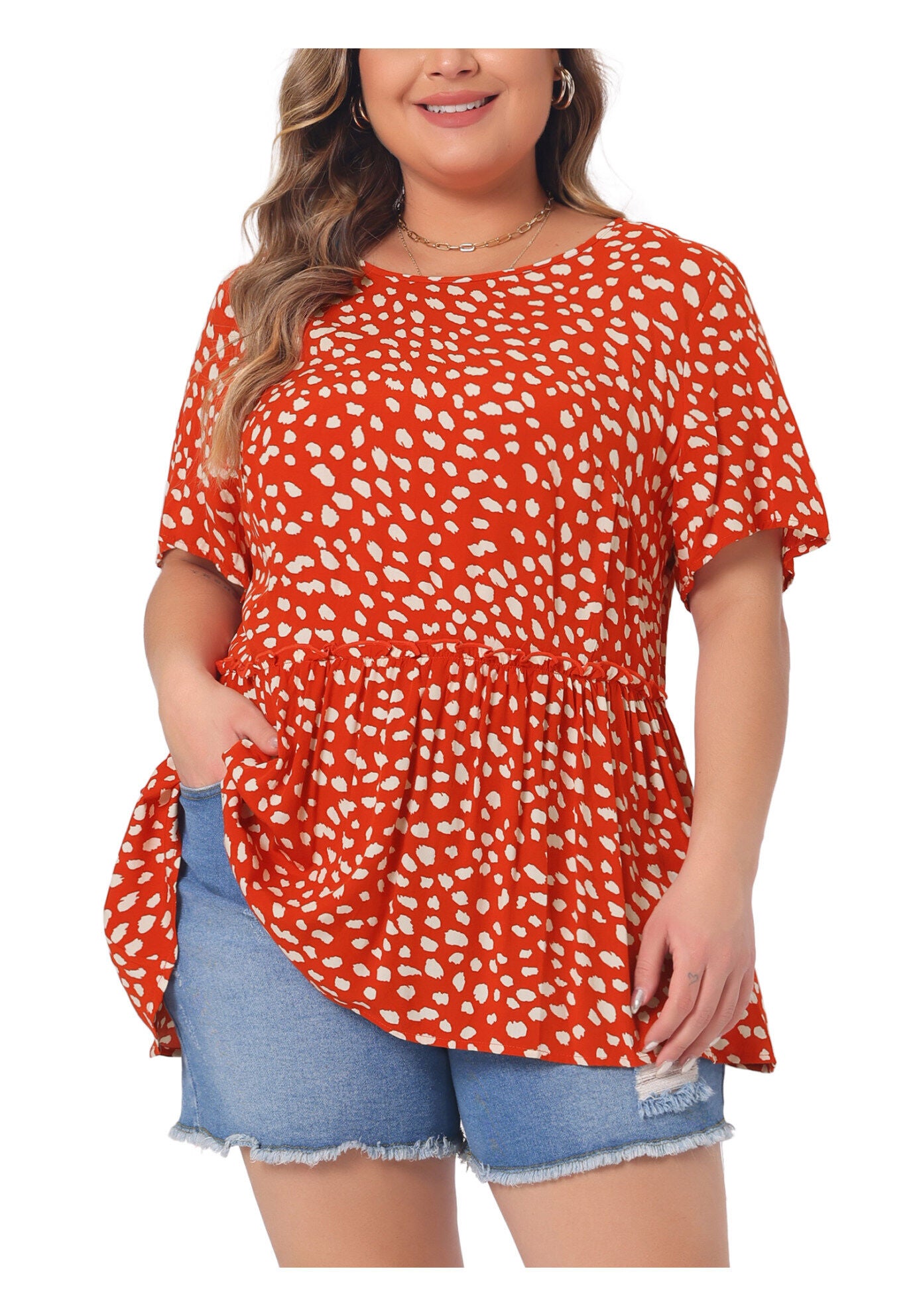 Polka Dots Crew Neck Short Sleeve Peplum Top, Orange / Orange, alternate image number 2