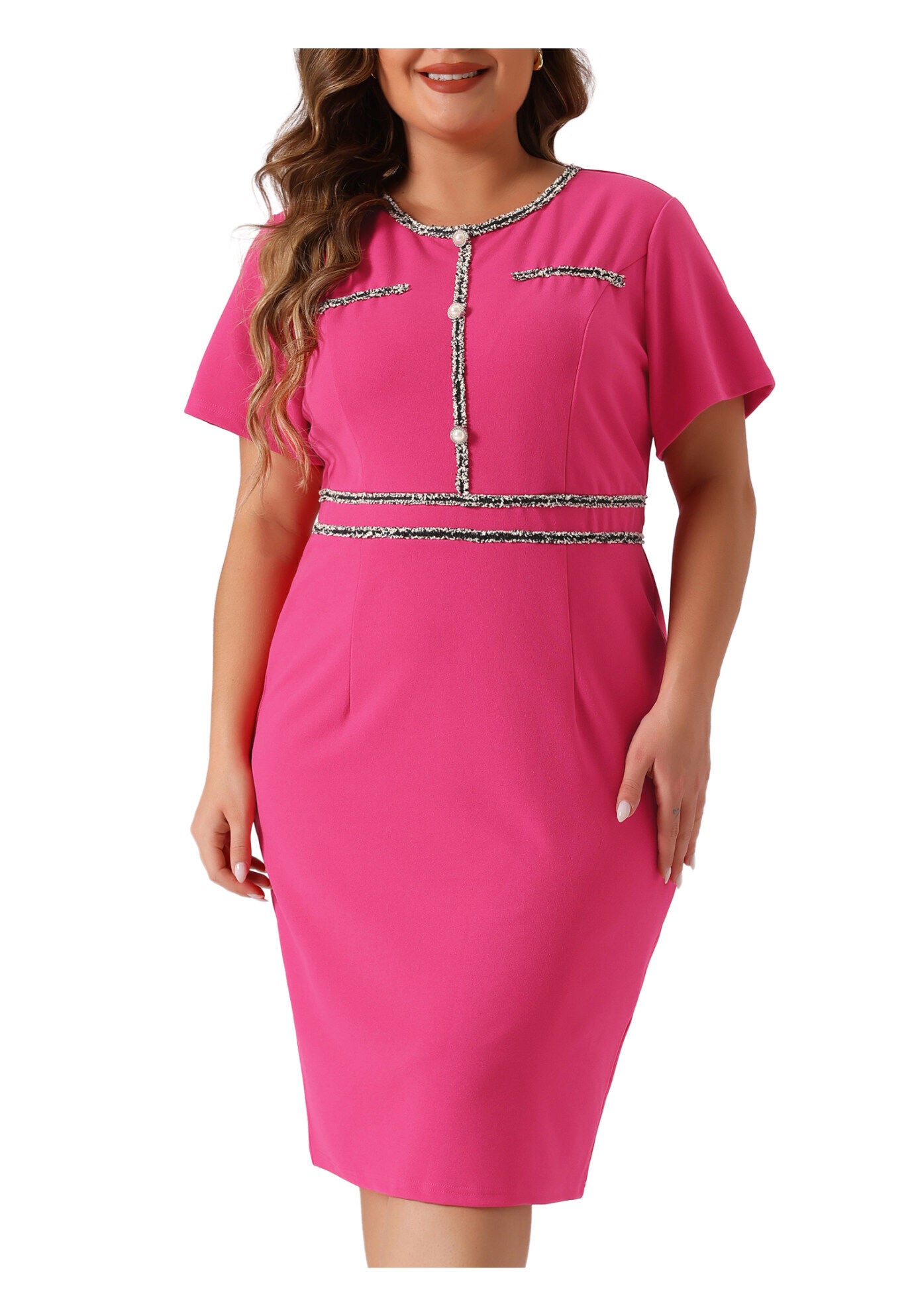 Button Crew Neck Bodycon Pencil Dress, Hot Pink / Black, alternate image number 2