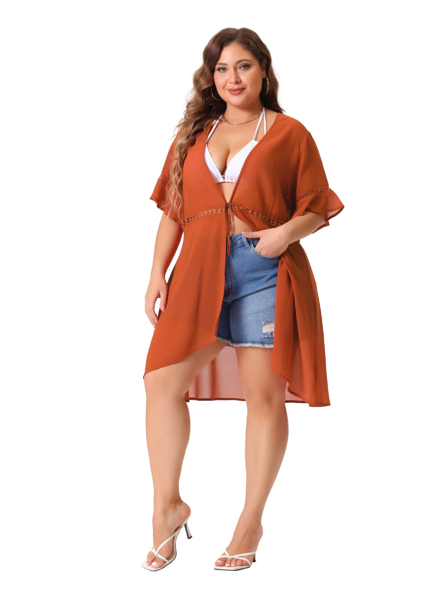 BIKINI COVER UP SHORT SLEEVE TASSEL TIE WAIST KIMONO, Caramel / Brown, hi-res image number 0