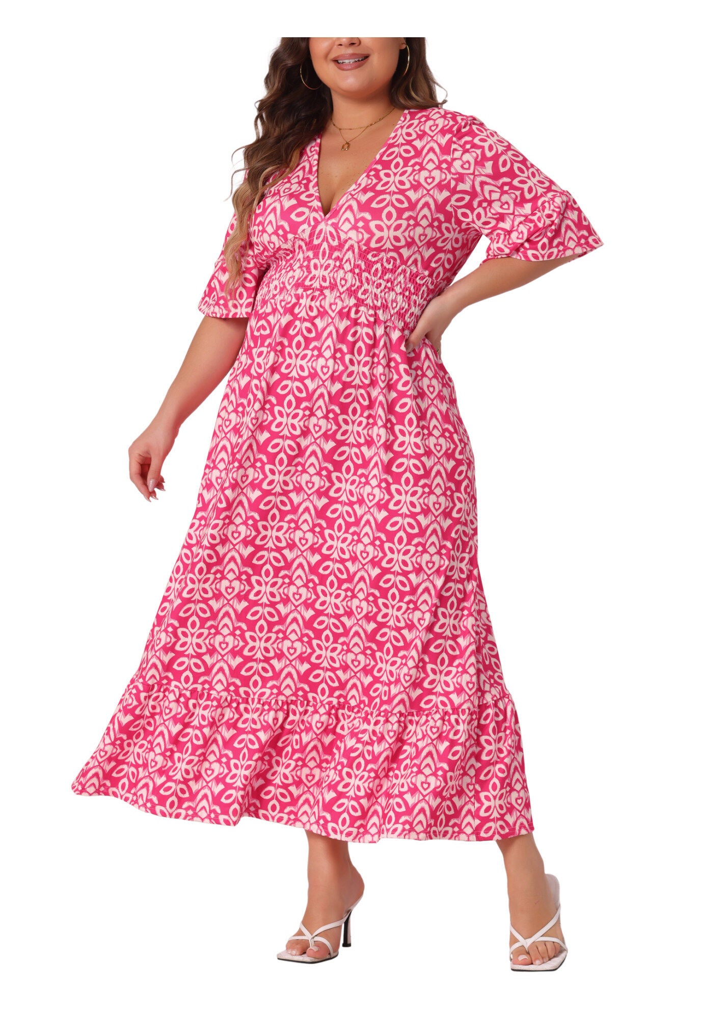 Bell Sleeve Ruffled Hem V Neck Short Sleeve Boho A Line Long Dress, Hot Pink / Deep Fuchsia, alternate image number 2