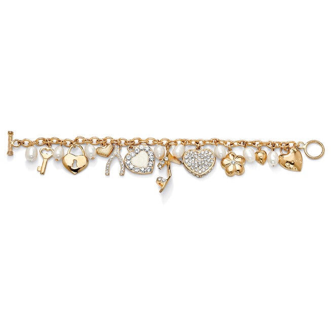 Fashion Cultured Freshwater Pearl Crystal Charm Bracelet in Yellow Goldtone, , alternate image number 7