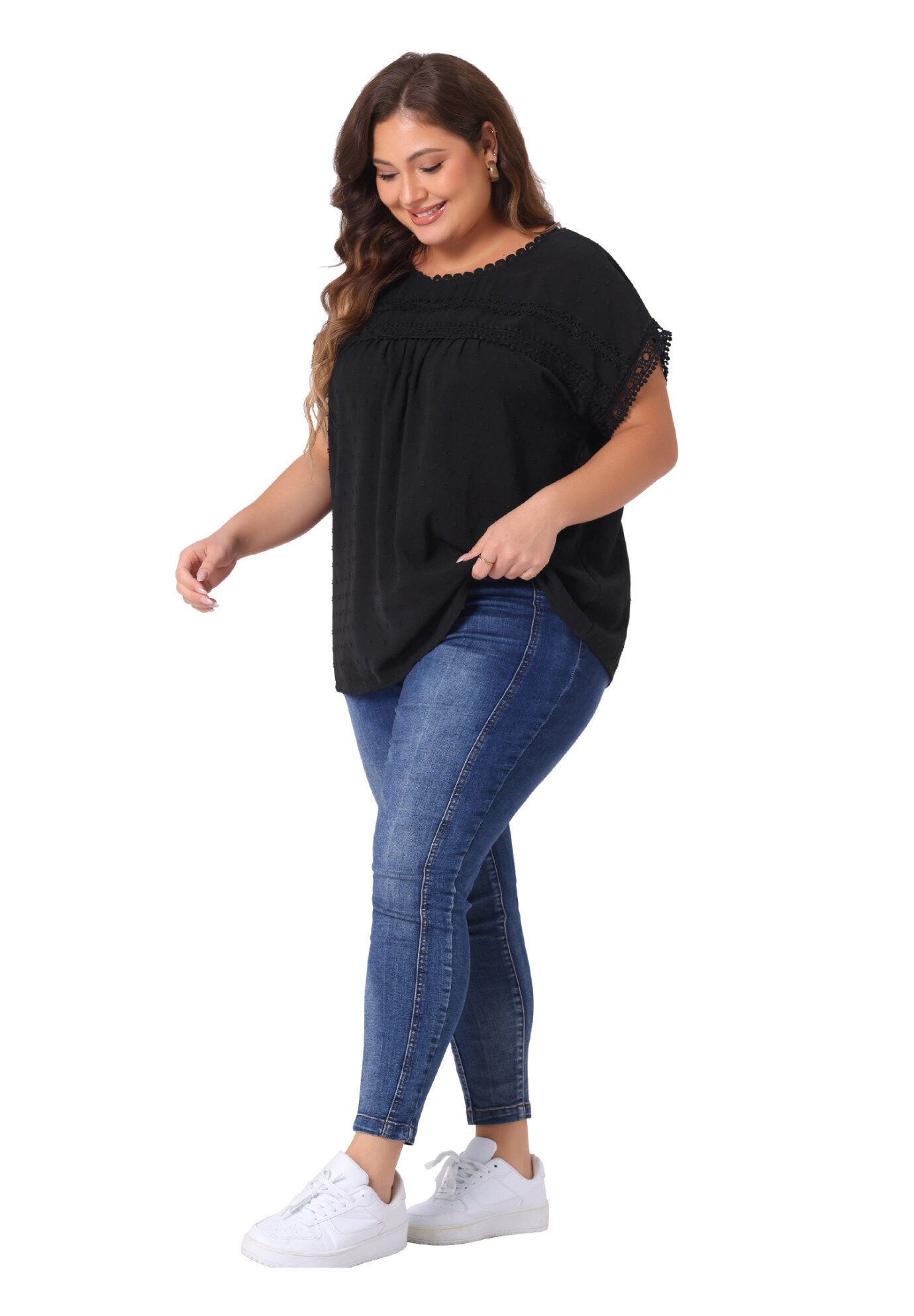 Swiss Dots Lace Crochet Short Sleeve Chiffon Blouse, Black / Black, hi-res image number 0